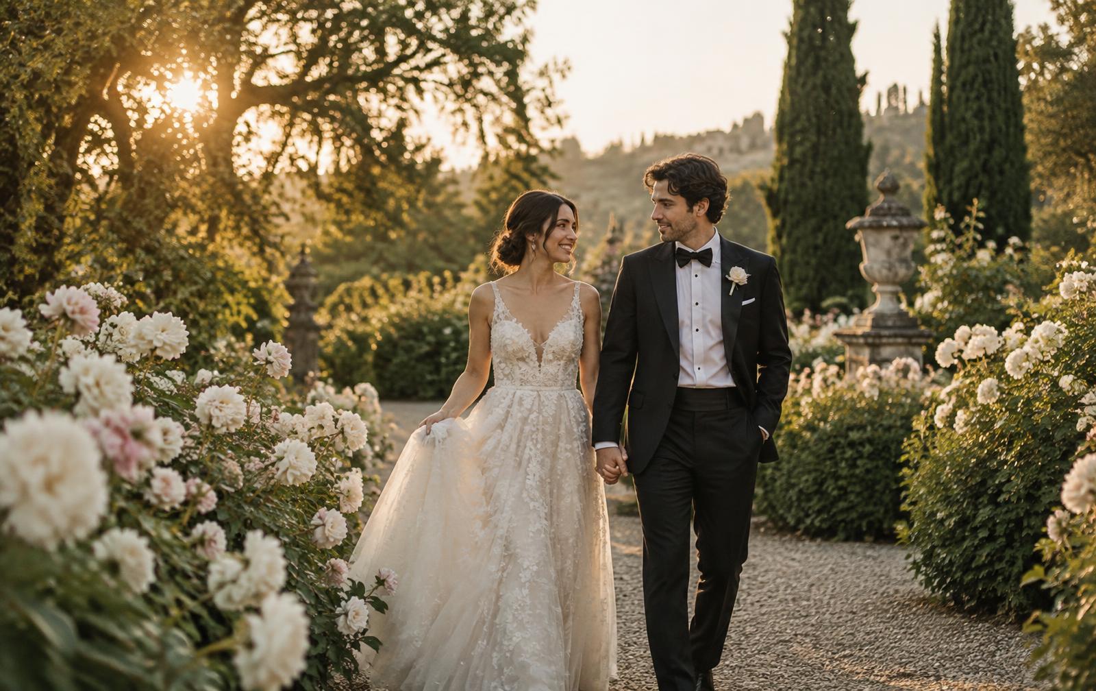 Newlyweds in a flowering garden